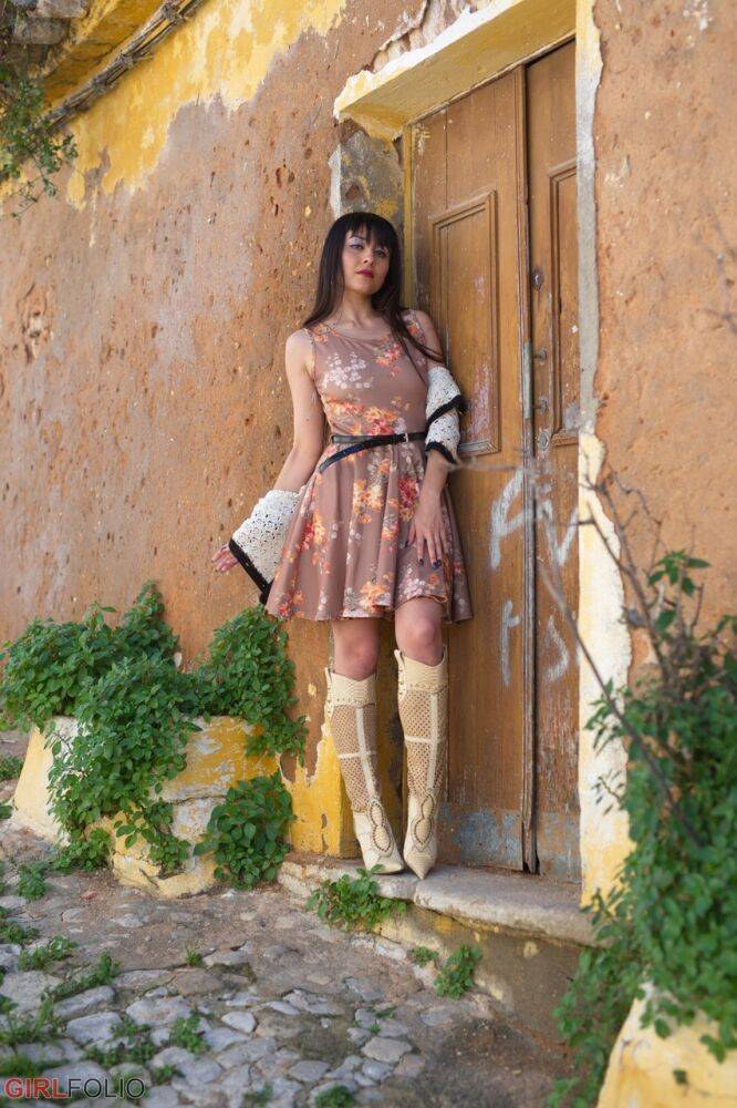 Asian model Sophia Jade flashes her upskirt panties on a cobblestone street - #11