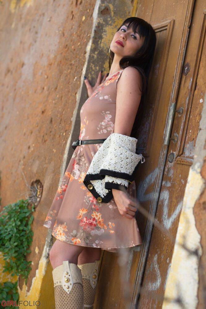 Asian model Sophia Jade flashes her upskirt panties on a cobblestone street - #10
