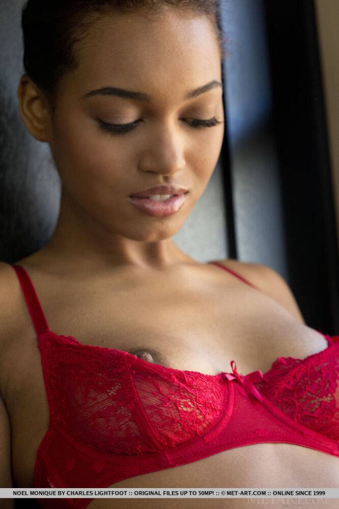 Black glamour model Noel Monique freeing girl parts from red lingerie - #13