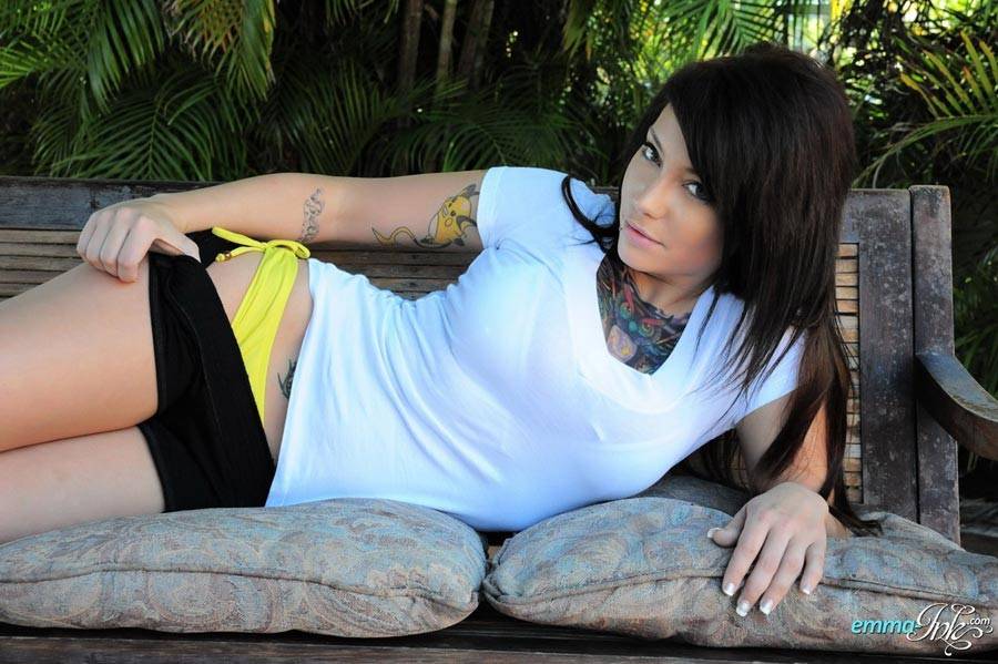 Busty emma ink showing off her perfect tattooed body in the park - #3