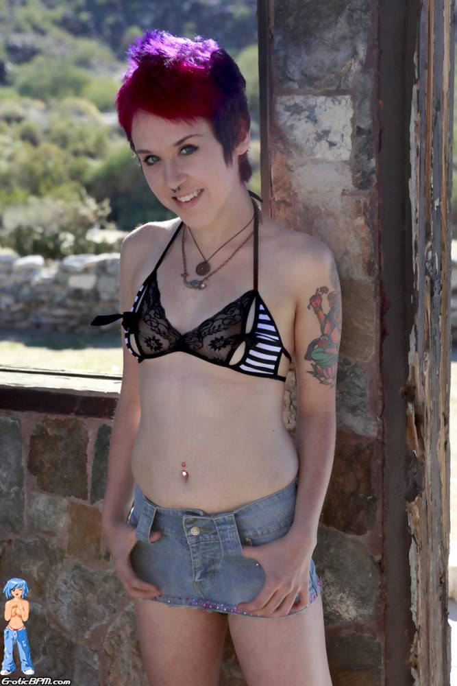 Adorable tiny raver babe strips out of her mini skirt outdoors - #4