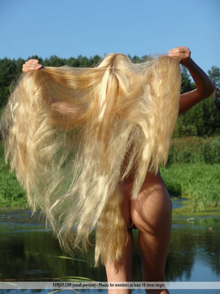 Blonde With Luxurious Hair Desire A Poses Nude Outdoor And Admires Her Own Body Reflected In Water - #4