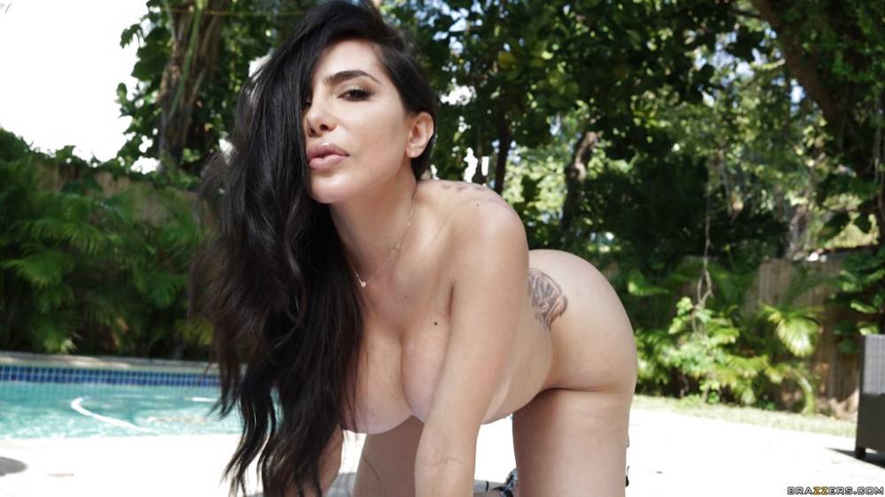 Sexy latina brunette cutie Lela Star in beautiful bikini baring big boobies and spreading her legs at pool - #12