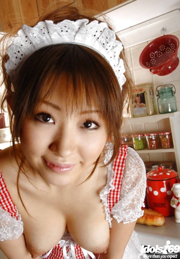 Alluring japanese babe Reon Kosaka exhibiting big boobies and hairy pussy in the kitchen - #2