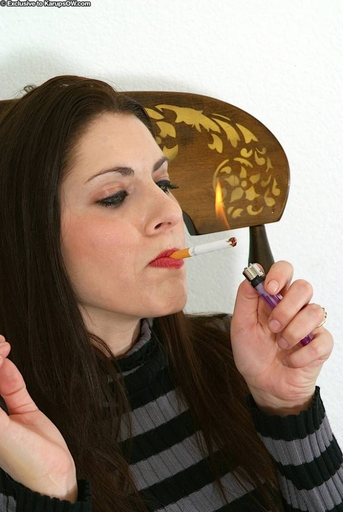 Very attractive milf Dahlia in hot pantyhose enjoys smoking - #1