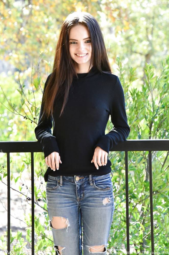 Stunning american brunette teen Lana Adams in jeans exhibiting tiny tits and spreading her legs outdoor - #1