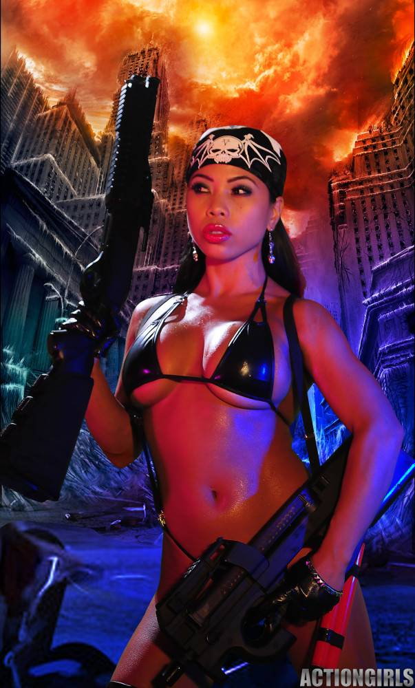 Exotic Action Babe With Gun Genevive Valente Poses In Black Bikini And Bandanna - #1