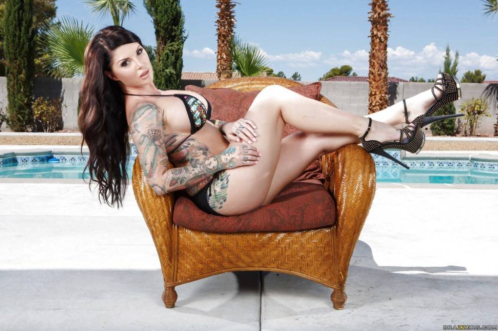 Glamorous american dark hair milf Darling Danika shows big knockers and spreads her legs at pool - #2