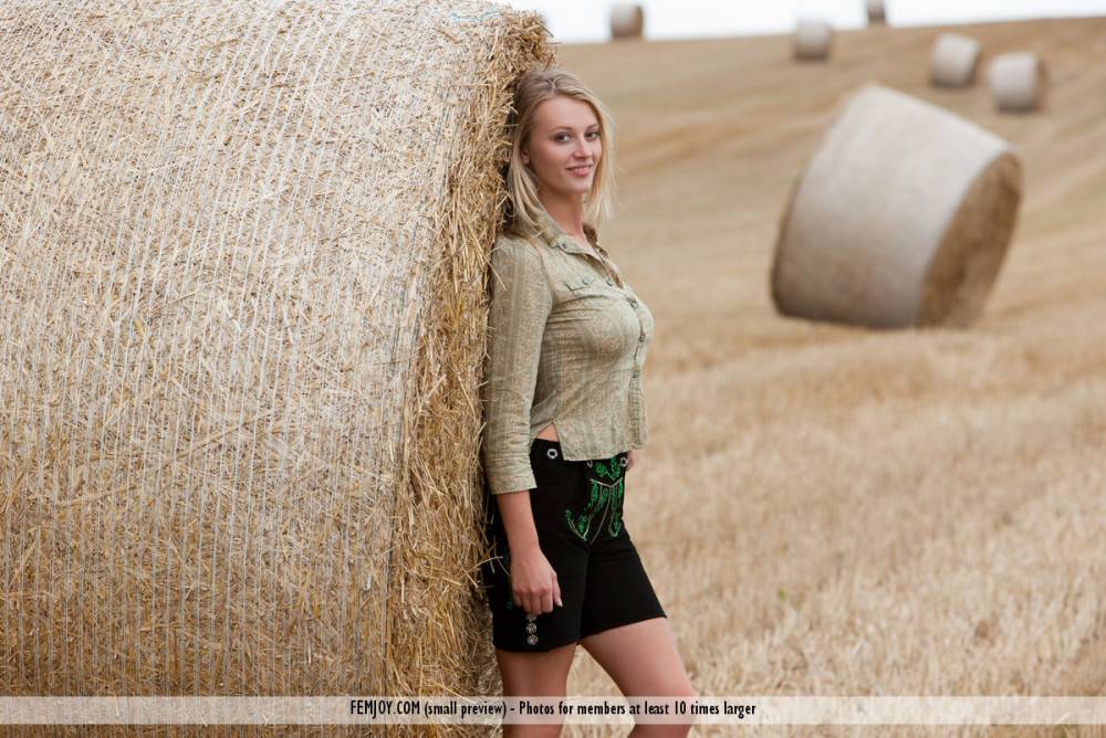 Sweet Blonde Chick Carisha Femjoy Strips And Poses Naked At The Haystack - #1