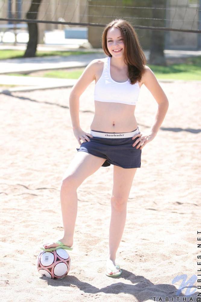 Smiling Sportive Girl Tabitha Nubiles In Snow White Top And Blue Shorts Poses With A Ball Outside - #3