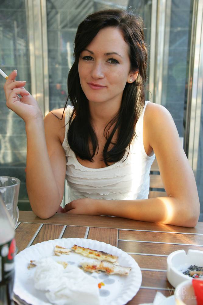 Svelte czech brunette teen Tess Lyndon in smoking fetish outdoor - #1