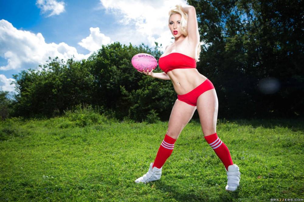 Facinating british blonde Victoria Summers in undies bares big titties and sexy ass outdoor - #2