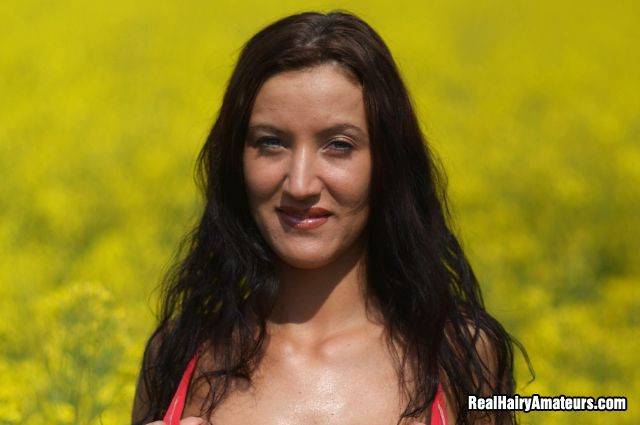 Long Haired Busty Brunette Krisztina Ventura In Red Panties Poses Topless In The Field - #1