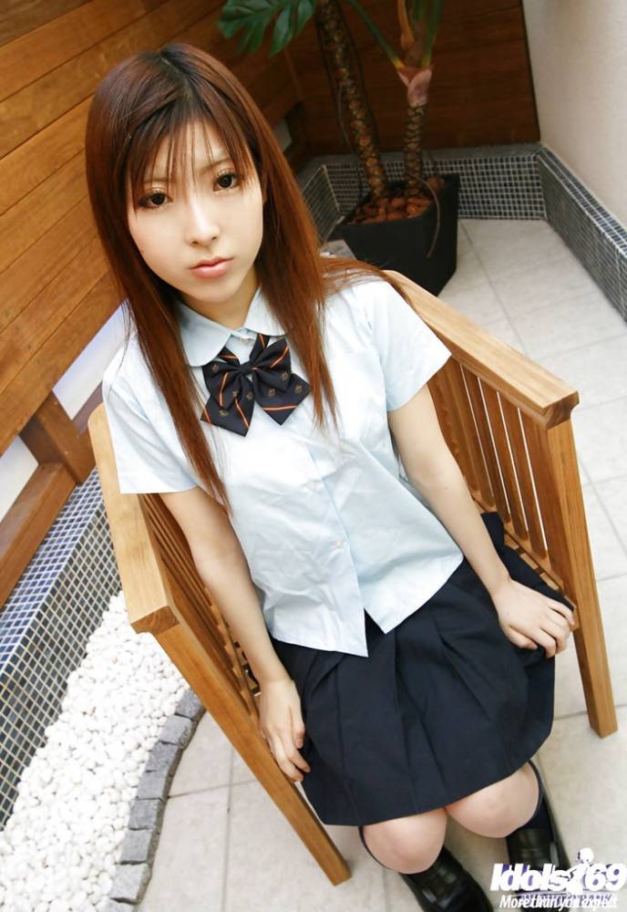 Rangy japanese teen Miyo in skirt exposing small tits and playing with toy - #3