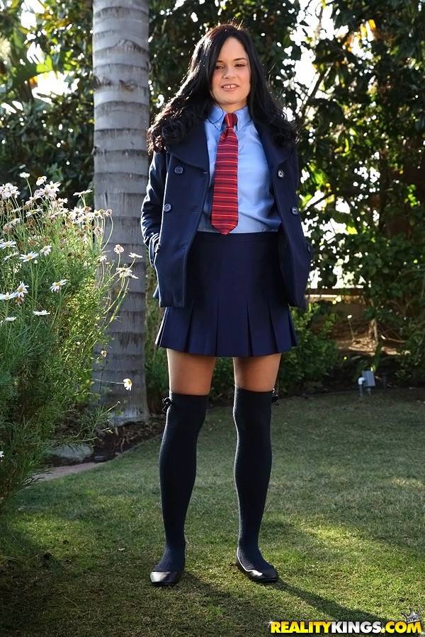Hot american teen Jenna Ross in uniform shows small tits and spreads her legs outside - #4