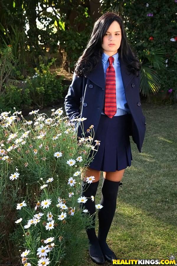 Hot american teen Jenna Ross in uniform shows small tits and spreads her legs outside - #3