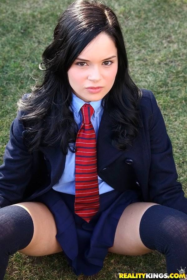 Hot american teen Jenna Ross in uniform shows small tits and spreads her legs outside - #10