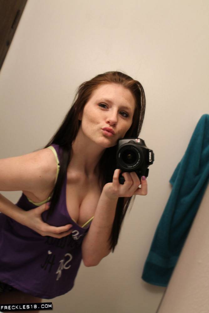 Ravishing Brunette Girl Freckles Strips In Front Of The Mirror And Takes Some Naughty Selfies - #9