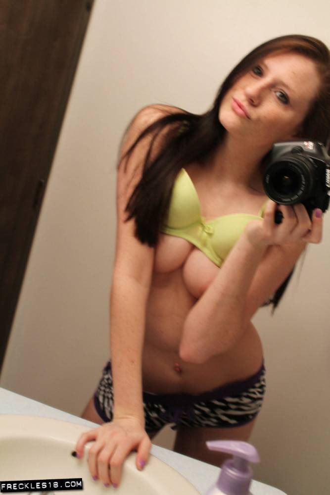Ravishing Brunette Girl Freckles Strips In Front Of The Mirror And Takes Some Naughty Selfies - #3
