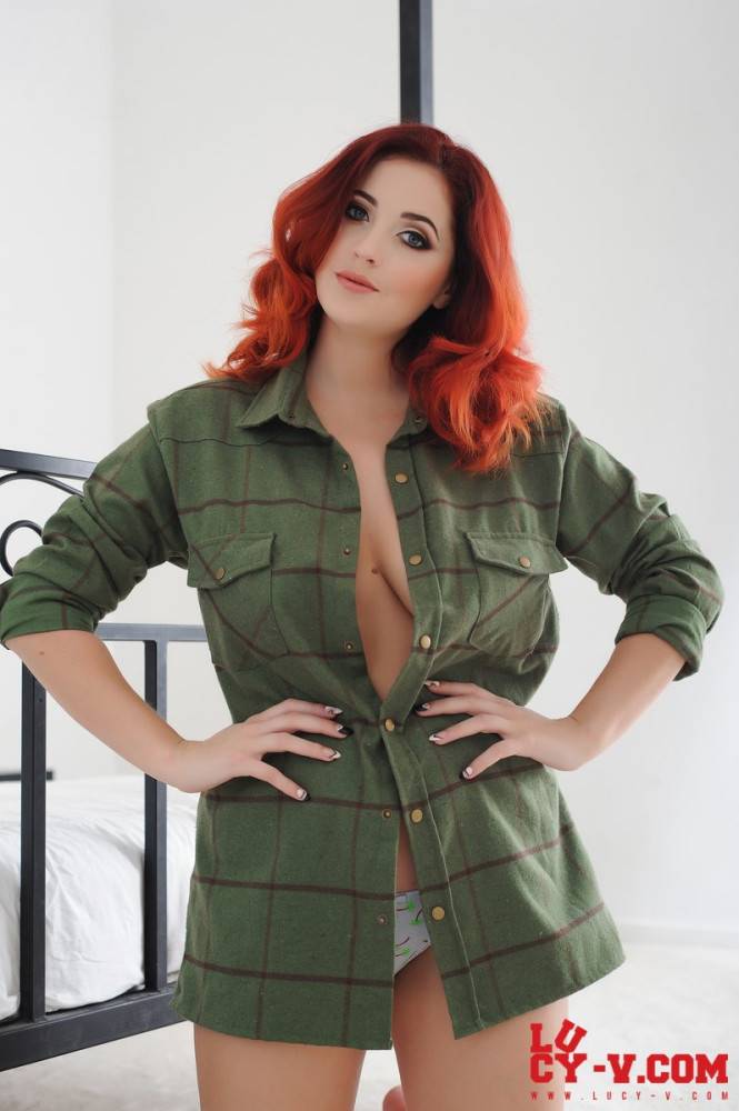 Real Redhead Beauty Lucy Vixen Unbuttons The Shirt And Uncovers View On Big Melons - #7