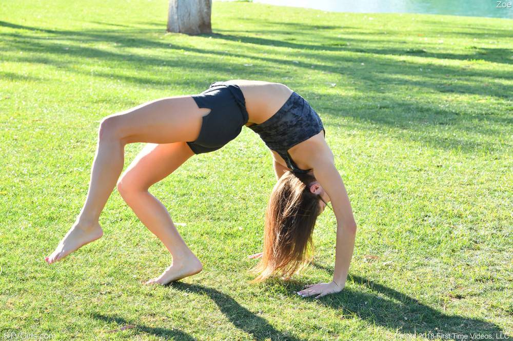 Teenage hottie in sexy outfit Zoe doing exercise outdoors by the water - #3