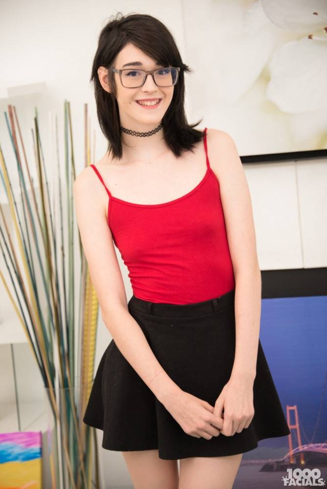 Cute nerd Ivy Aura bares her tiny tits before getting cum on glasses from a BJ - #1