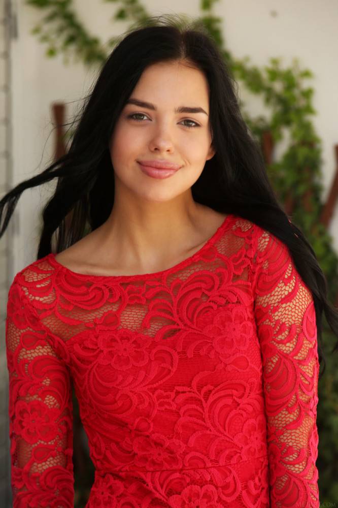 Raven-haired teen with hot lips Venice Lei strips her lace dress & poses naked - #1