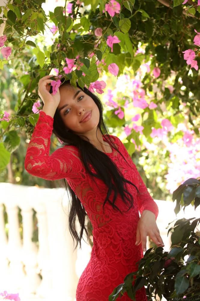 Raven-haired teen with hot lips Venice Lei strips her lace dress & poses naked - #3