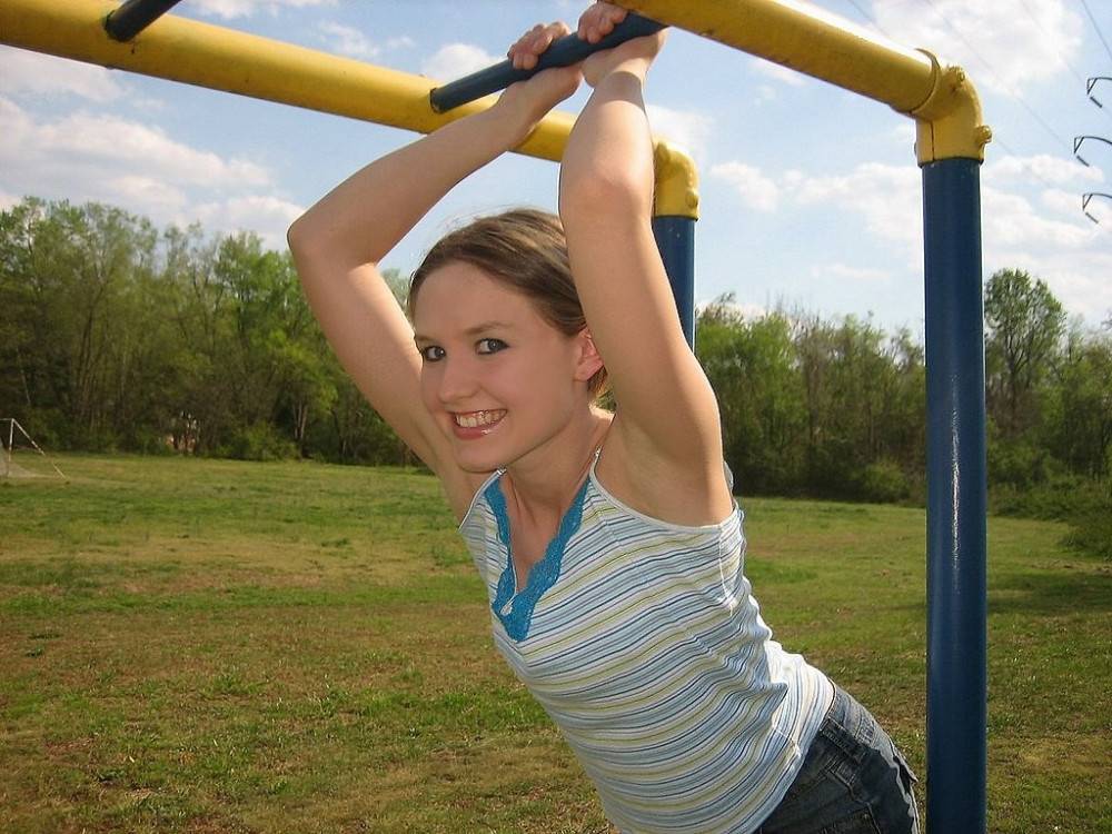 Petite teen flashing her little titties in playground - #2