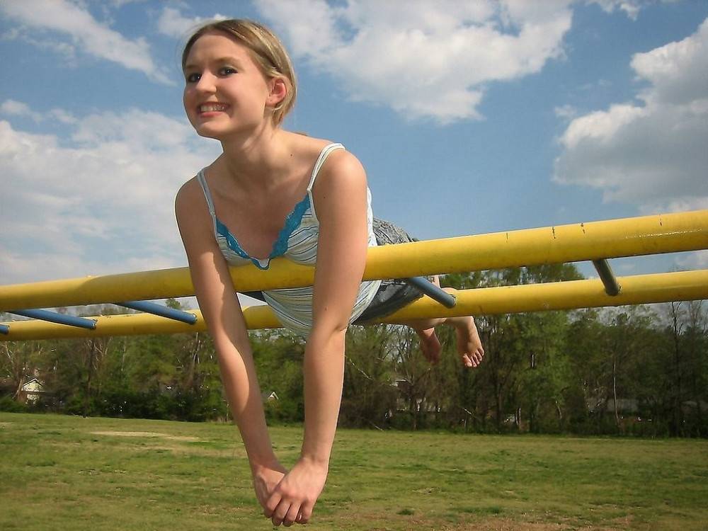 Petite teen flashing her little titties in playground - #7