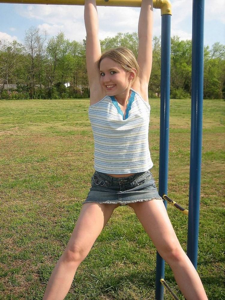 Petite teen flashing her little titties in playground - #9