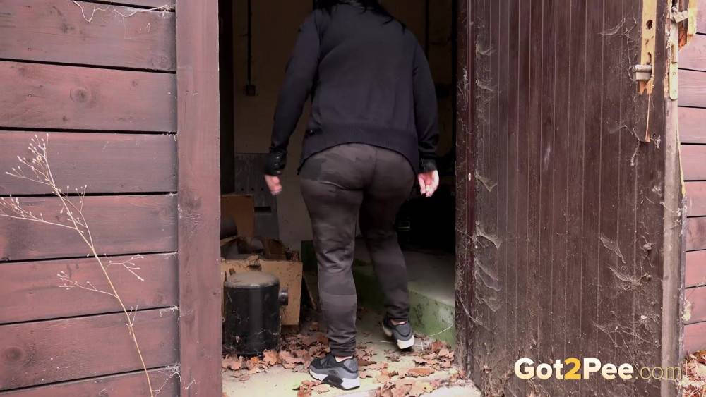 Chubby girlfriend squats to piss in an outbuilding - #2
