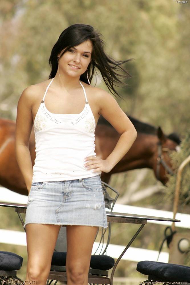 Sexy Brunette Doll Eden Petty In Jeans Skirt Makes A Strip Show By A Farm In The Country - #1