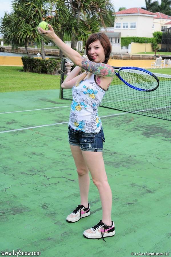 Heavy Chested Pale Brunette Ivy Jean Exposes Her Tattoos On The Tennis Court - #2