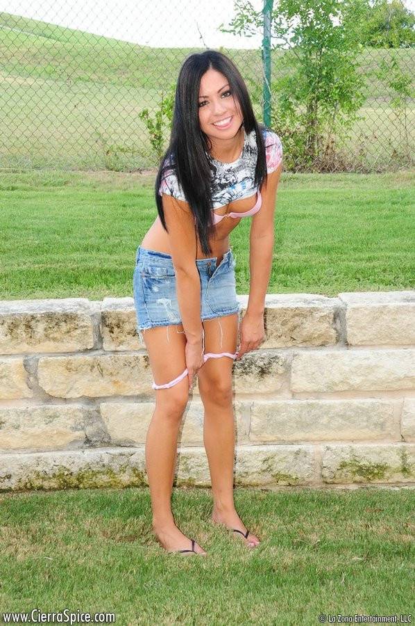 Playful Latina Cierra Spice In Short Jean Skirt Shows Her Sexy Ass And Shaved Cunt Outside - #3