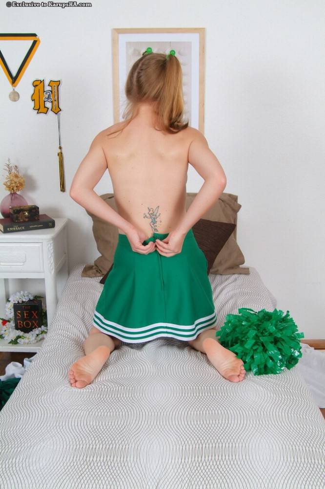 Pigtailed Kitty Daisy Mae With Pink Pussy Strips Out Of Her Green Cheerleader Uniform - #16