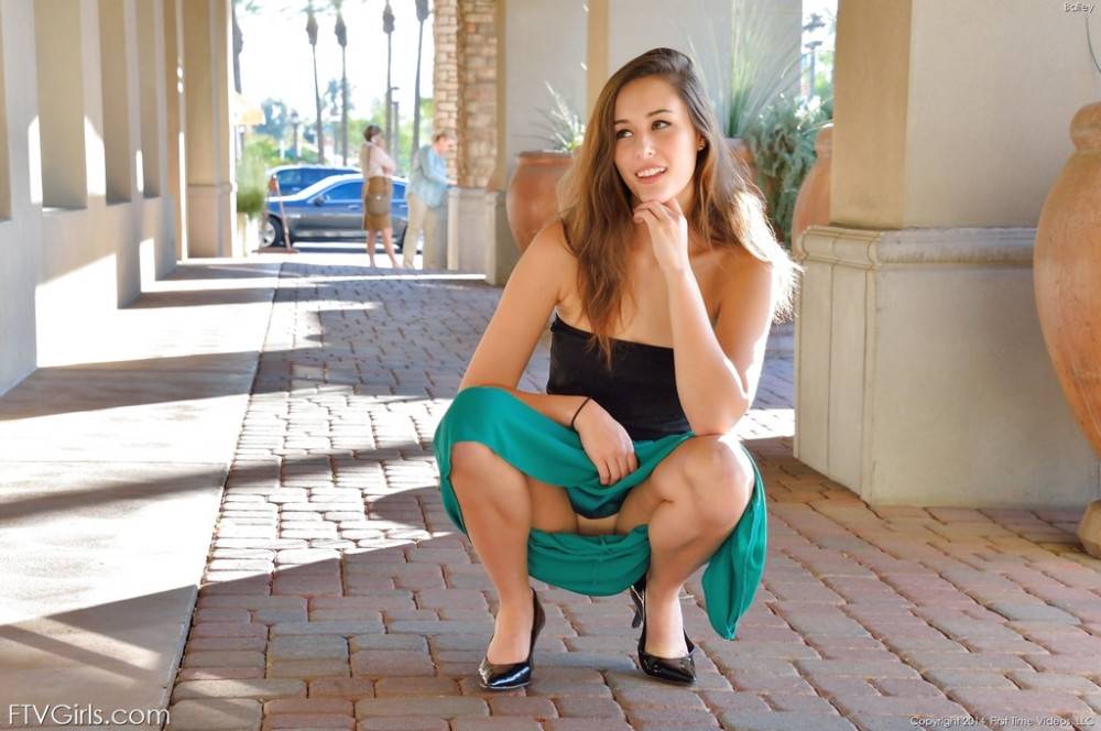 Slim american youthful Bailey exposing big knockers and spreading her legs outdoor - #4