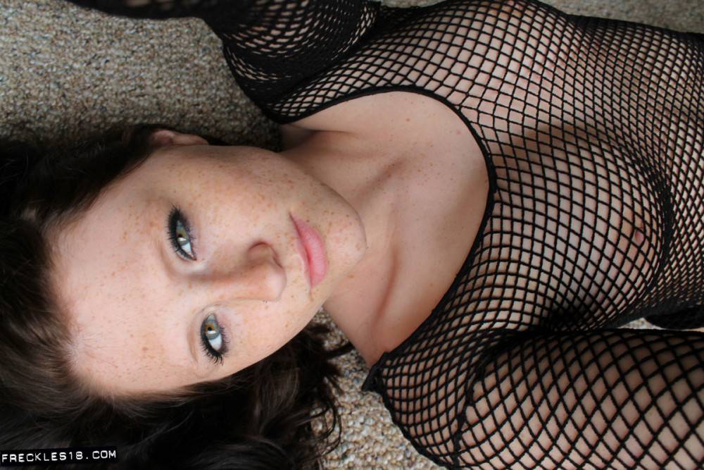 Alluring Brunette Freckles Puts On A Fishnet Dress And Black Panties Just To Tease On Her Couch. - #4