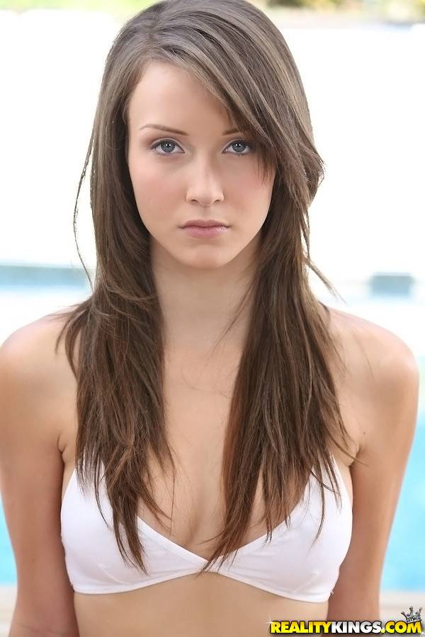 Svelte american brunette teen Malena Morgan in fancy bikini posing at pool - #4