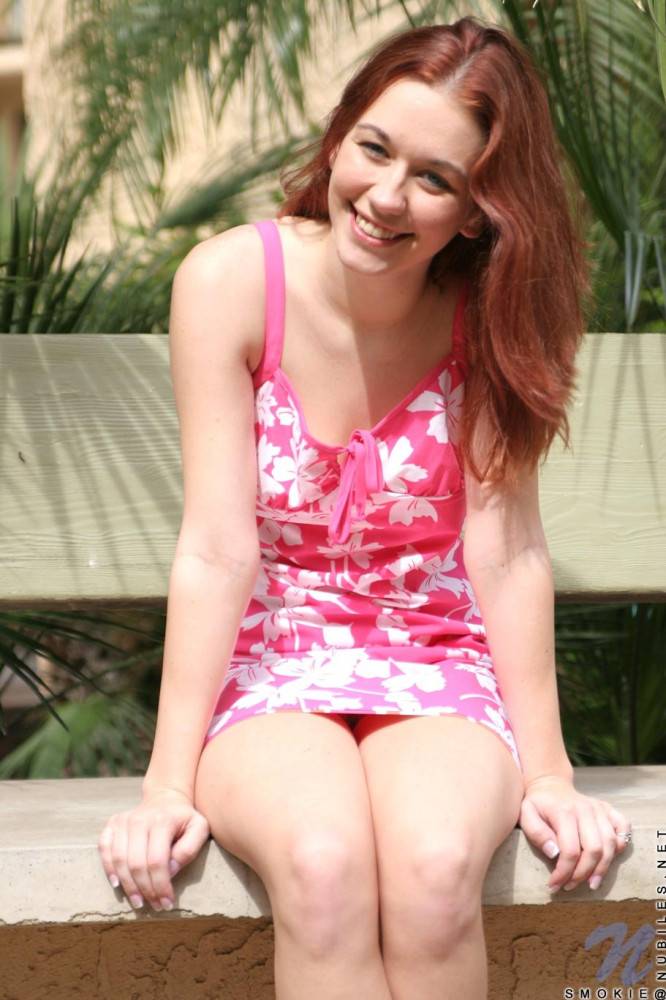 Red-haired Teen Girl Smokie Nubiles In Pink Dress Flashes Her Nicely Trimmed Snatch - #12