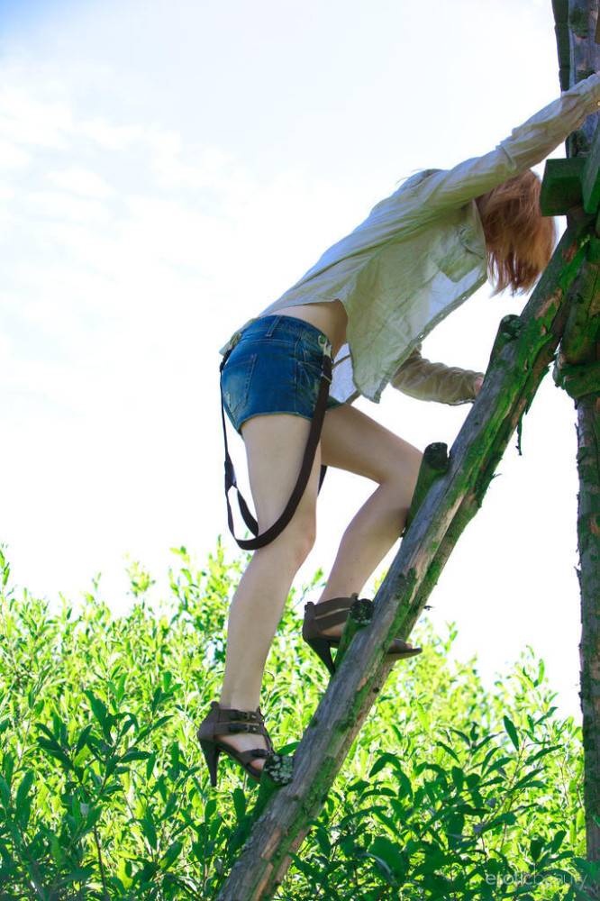 Enchanting czech red-haired cutie Mia Sollis in fancy shorts in nasty foot fetish action outdoor - #3