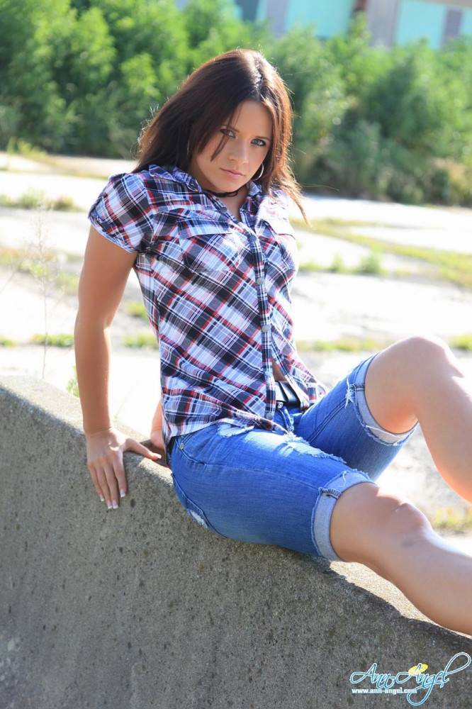 Petite Clothed Brunette Ann Angel With Charming Eyes Poses In The Open Air - #6