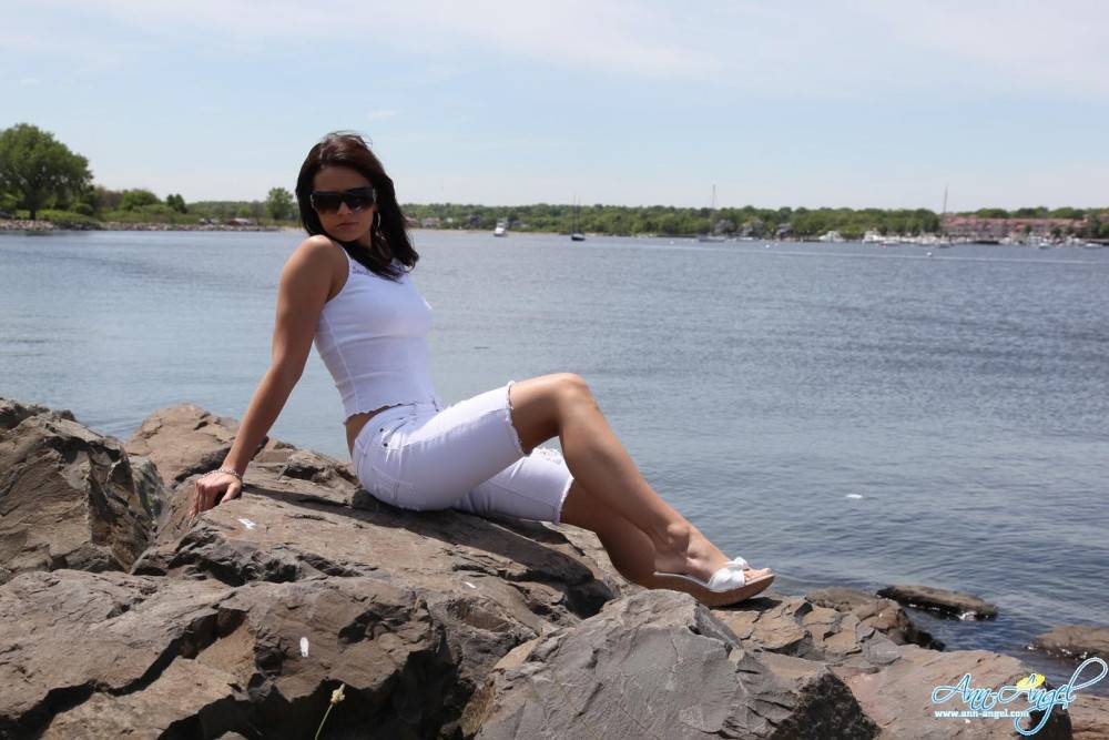 Sweet Brunette Chick Ann Angel Dressed In White Poses On The Bank Of The River - #9