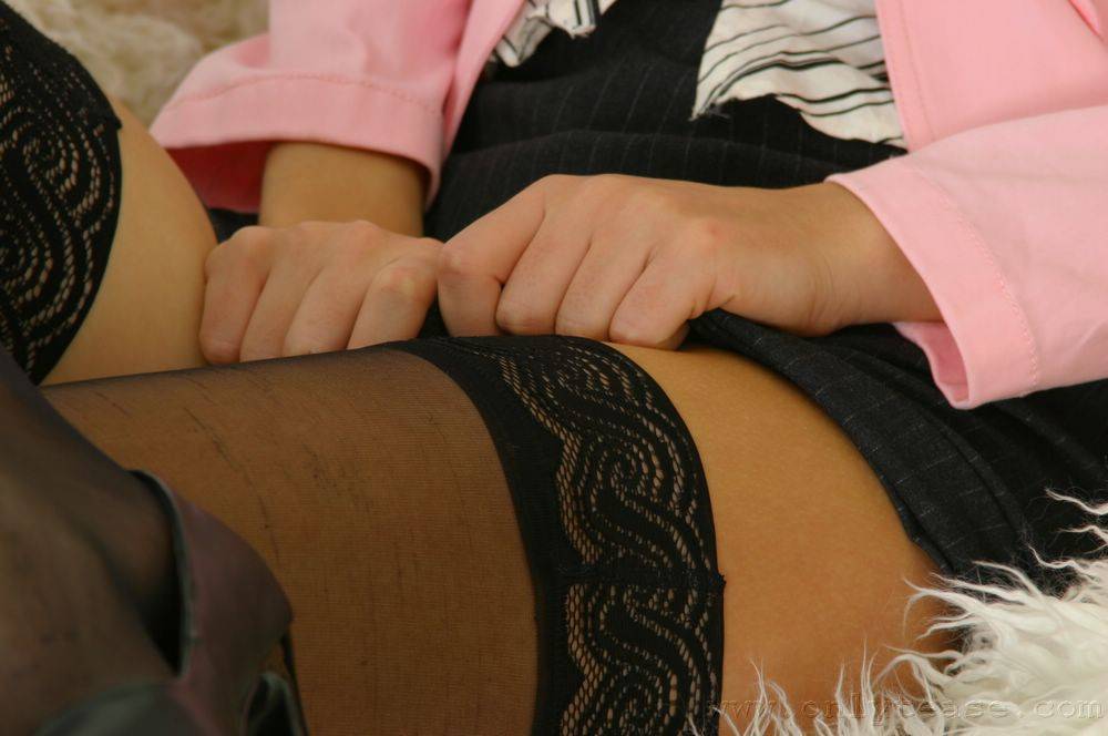 Slender Kitten Jenny L In Black Nylon Stockings Hesitates To Remove Her Pink Panties - #3