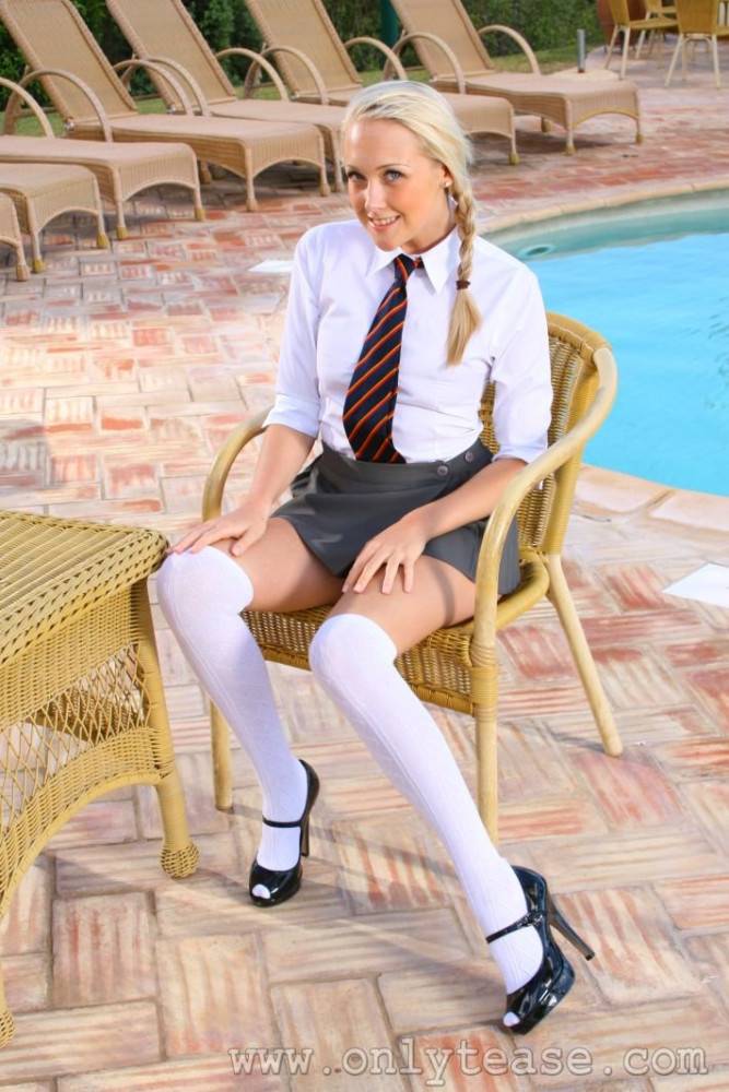 Schoolgirl Lucy Anne In Gray Mini Skirt And White Knee-highs Gets Topless At The Poolside - #4