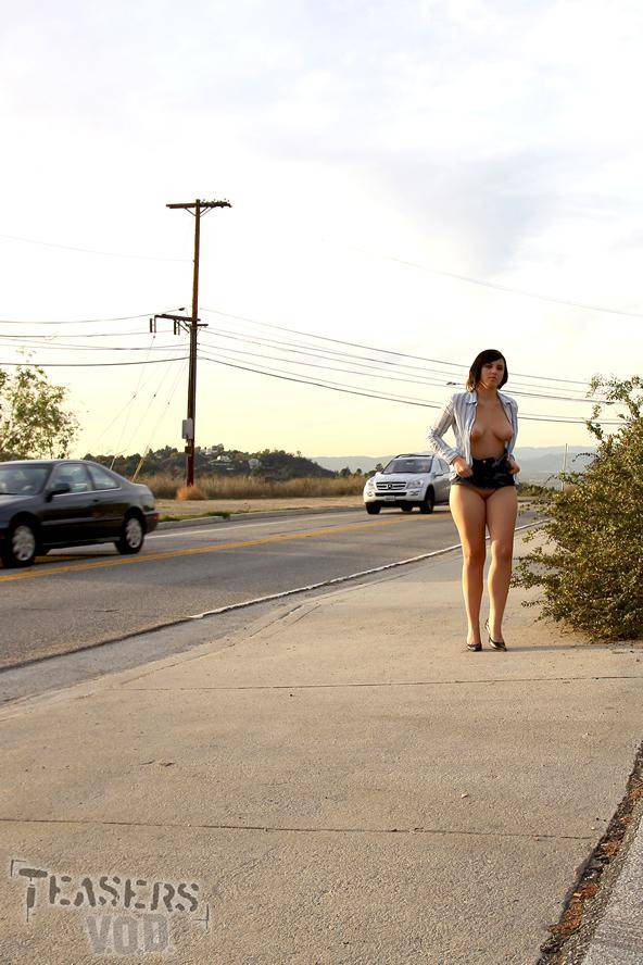 Naughty Brunette Brooke Adams Takes Off Her Red Mini Bikini On The Sidewalk - #3