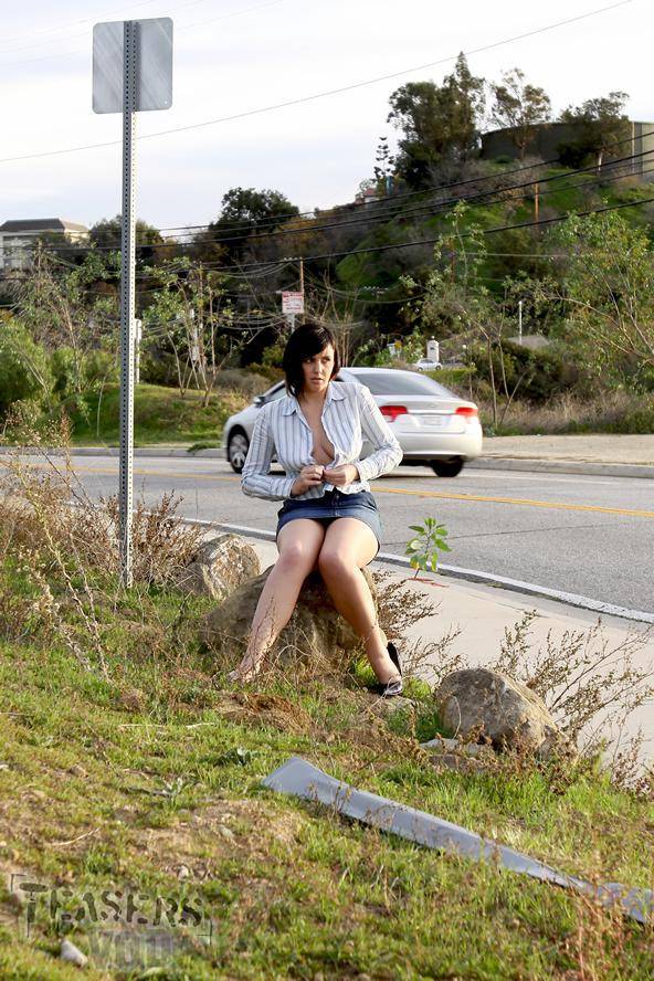 Naughty Brunette Brooke Adams Takes Off Her Red Mini Bikini On The Sidewalk - #14