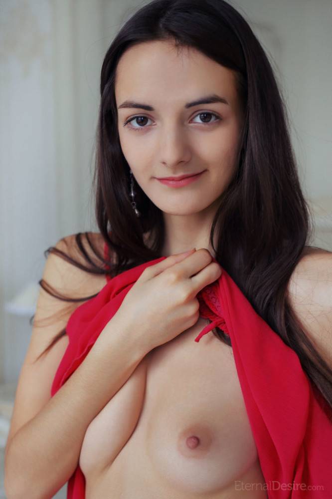 Svelte brunette teen Erika C exhibiting small tits and spreading her legs - #15