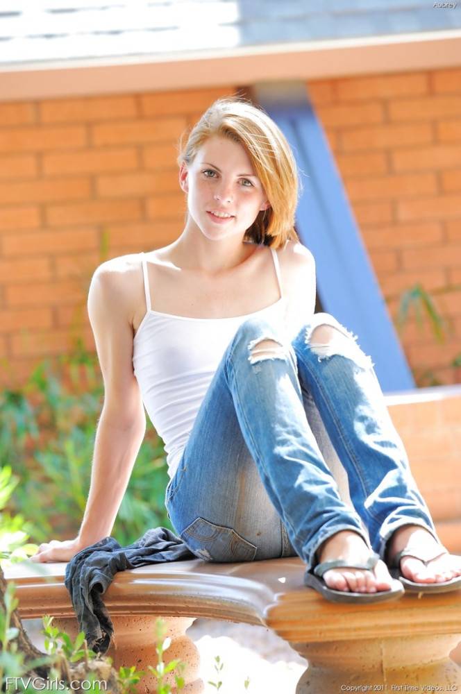 Hot american redhead teen Aubrey Belle in sexy jeans exposes tiny tits and nice pussy outdoor - #9