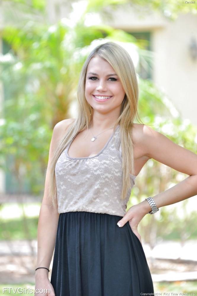 Stunning american blonde teen Kendall Kayden exhibits big hooters and vagina outdoor - #1